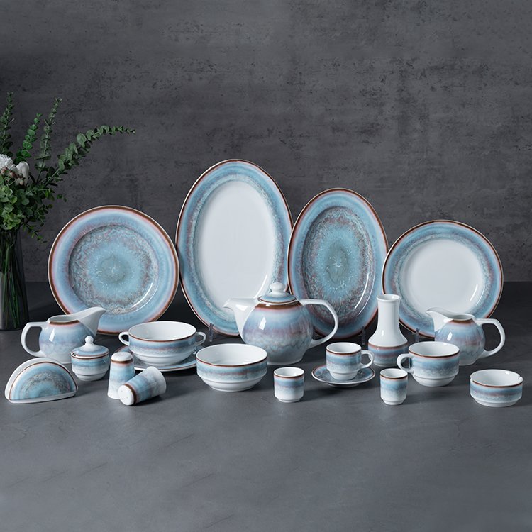 This image showcases an exquisite collection of porcelain dinnerware, meticulously crafted to elevate the dining experience in upscale settings such as hotels and fine-dining restaurants.