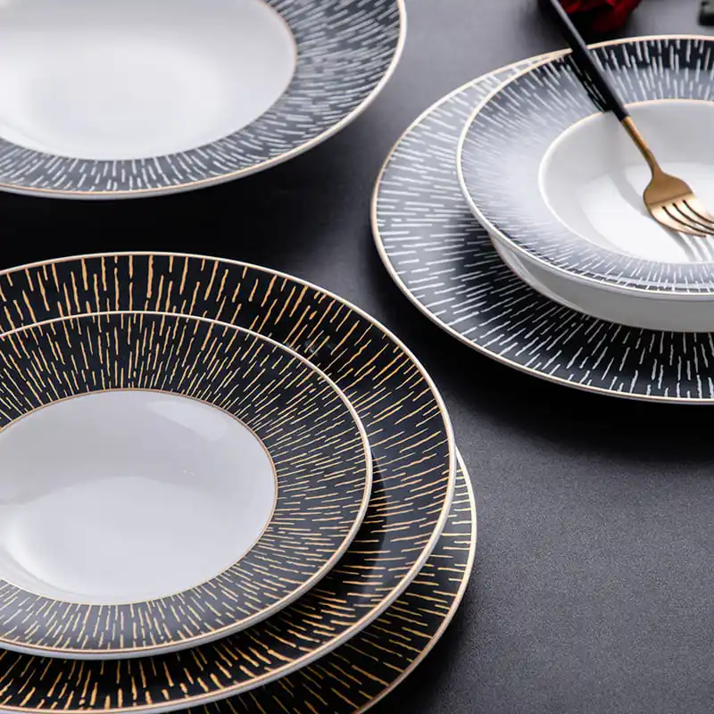 This image provides a close-up view of a set of dinner plates, emphasizing their intricate design and high-quality craftsmanship.