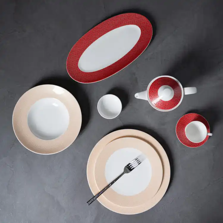 This image features a mixed pattern dinnerware set, combining both red and beige designs.