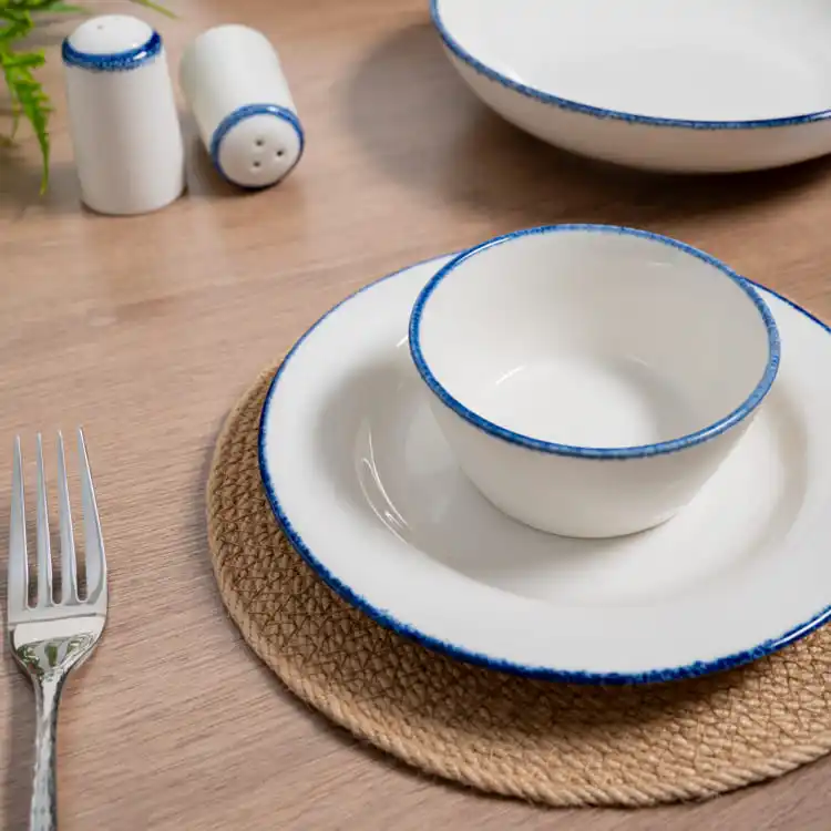 The setup includes a plate and bowl, each adorned with a delicate blue rim, arranged on a woven placemat that adds a rustic touch.