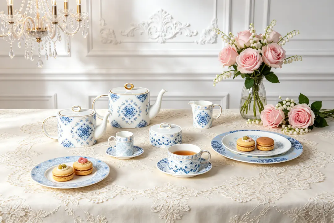 Elegant blue and white porcelain tea service with teapot, cups, plates, pink roses and macarons on lace tablecloth