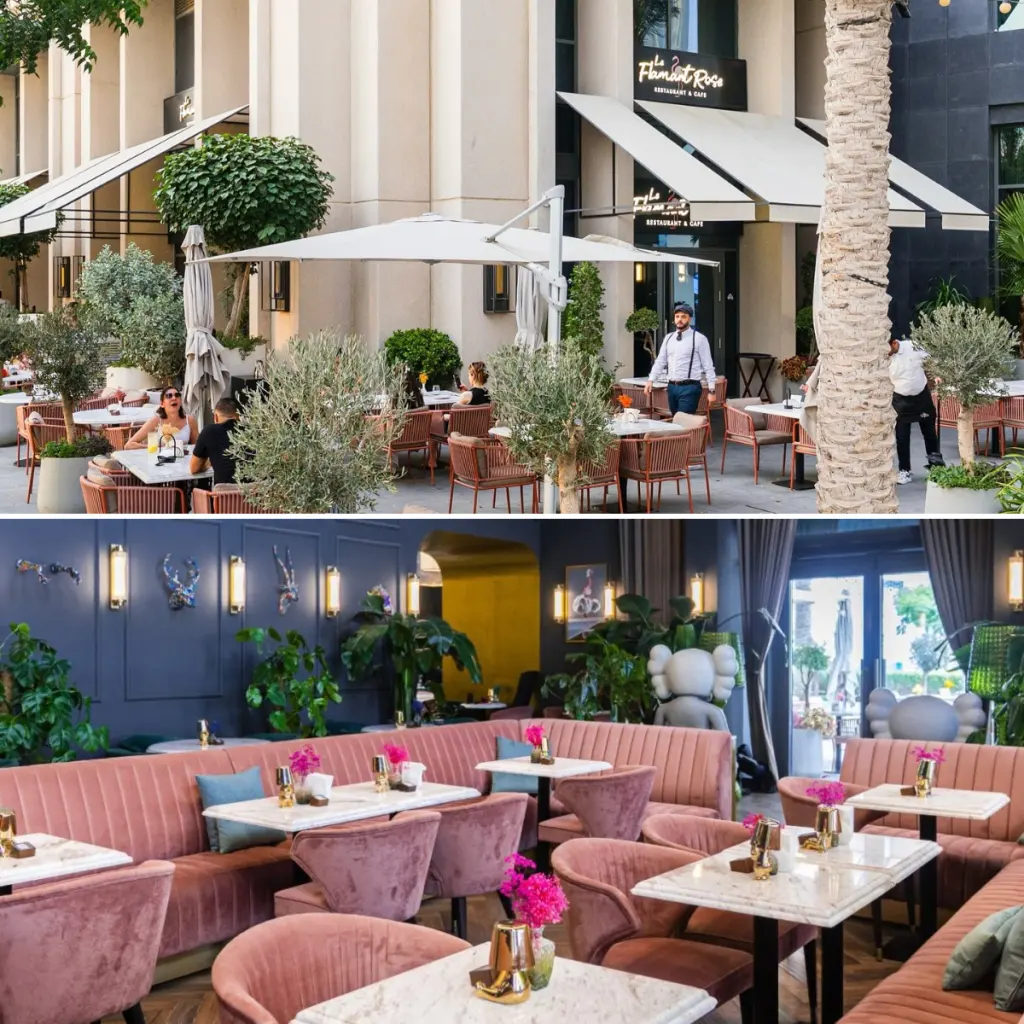 Outdoor patio seating and stylish pink interior dining space at Le Flamant Rose restaurant.