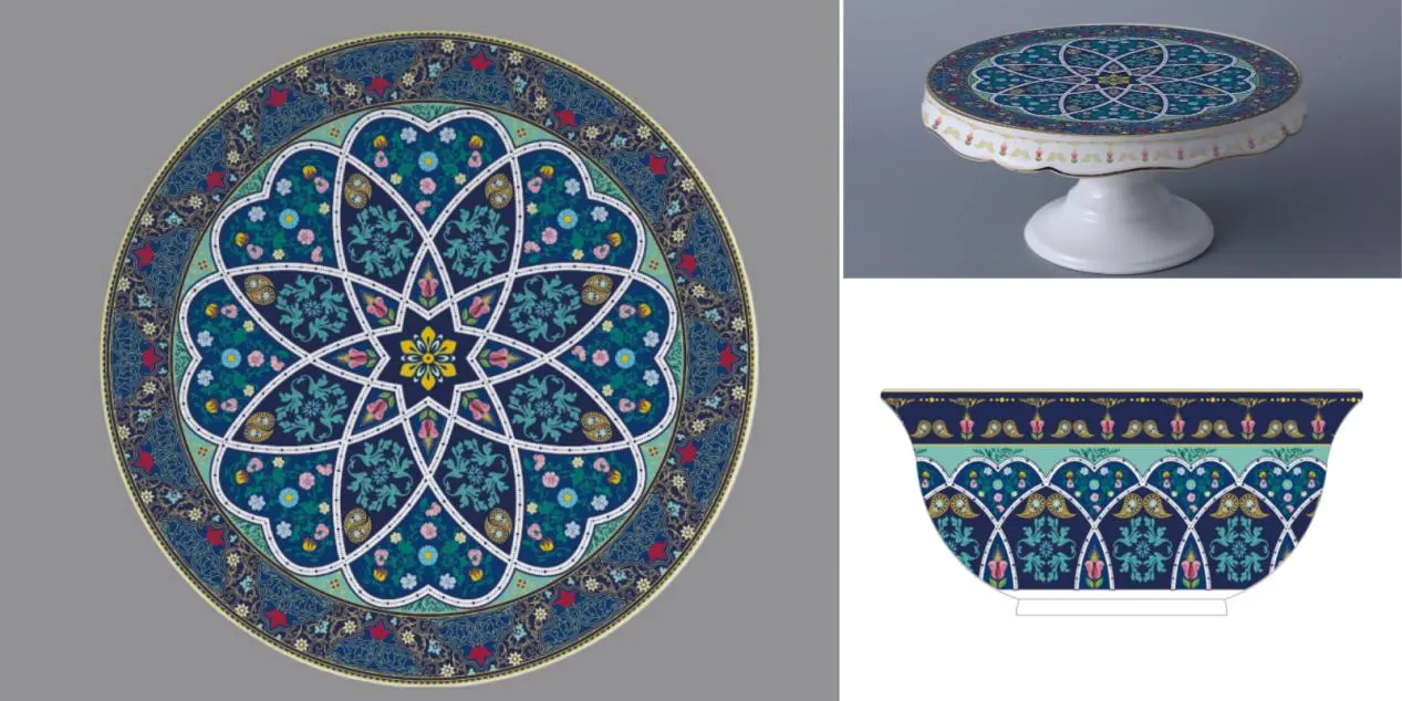 PITO custom porcelain design sketches and samples, featuring intricate floral and geometric patterns against a deep blue background.