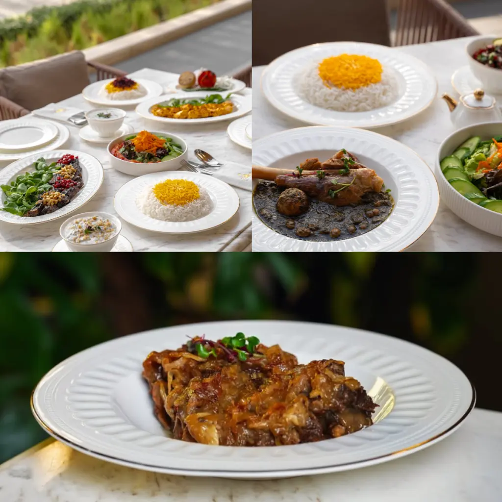 Persian and French dishes served on PITO gold rim bone china dinnerware at Le Flamant Rose.