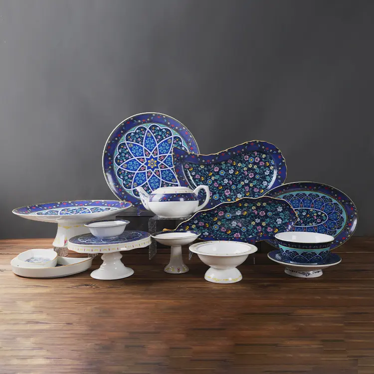 Custom high-temp porcelain tableware with blue geometric patterns for Versal's breakfast and daily restaurant use