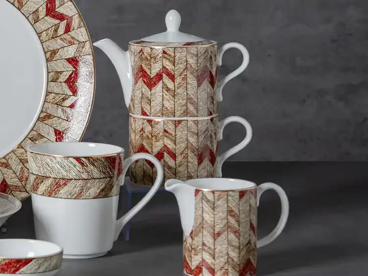 Fine bone china teacups with matching saucers and teapot