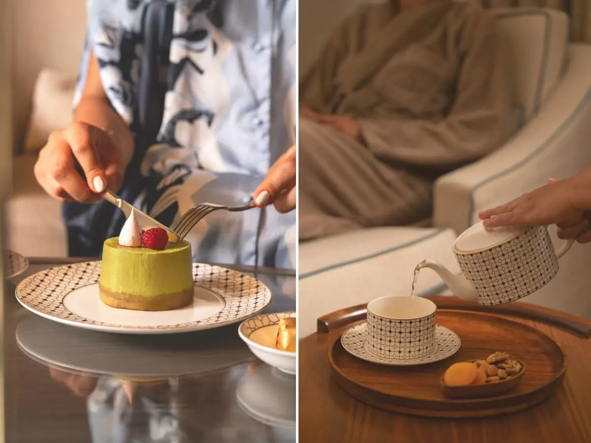 In-room dining with bone china dinner plate, dessert plate and bowls